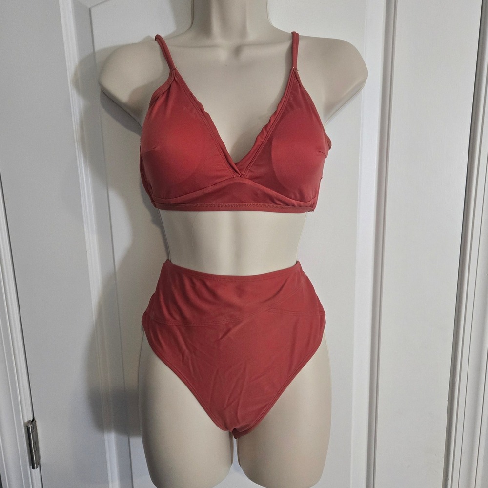 Cupshe Bikini Set Women Medium Rust Orange High Waisted Wrap Detail Swim Beach